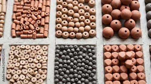 Assortment of handcrafted clay beads in various shapes and colors arranged in a grid