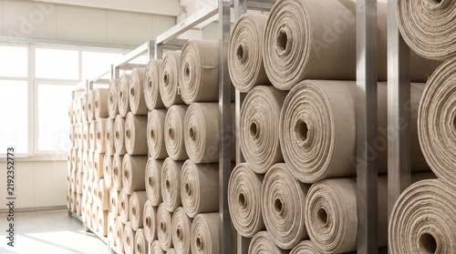 Large rolls of fabric stacked neatly on metal shelves in a bright warehouse with windows