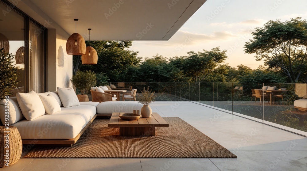 Fototapeta premium Modern patio with sectional sofa and dining set offers rich green forest views. Contemporary terrace features wicker lamps and wooden table, perfect for relaxation and entertaining.