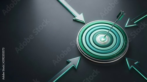 Conceptual 3D Illustration of a Silver Arrow Hitting the Center of a Glowing Green Bullseye Target with Multiple Directional Arrows Pointing Towards Success and Business Goal Achievement.