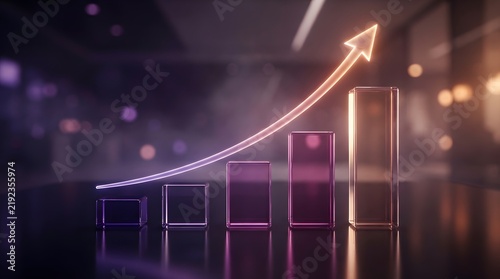 Abstract glowing arrow rising above glass bar chart columns representing business growth, financial success, market increase, and corporate achievement on dark blurred background.