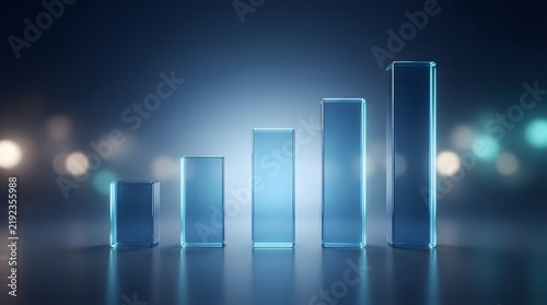 3D Illustration of Transparent Glass Bar Chart Representing Financial Growth and Corporate Success in Blue Tone with Bokeh Background, Visualizing Economic Progress and Business Development
