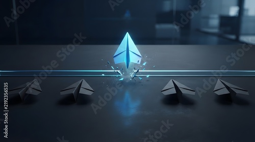 Concept of innovation and leadership with a glowing blue paper airplane breaking through a glass barrier, outperforming standard planes in a cinematic corporate office environment.