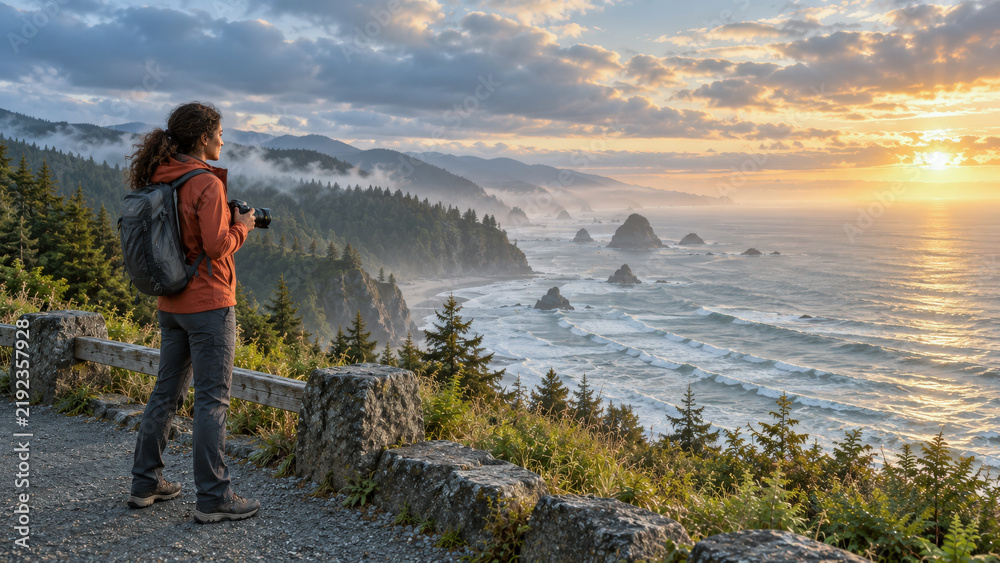 Fototapeta premium Female landscape photographer captures a misty, rugged coastline at golden sunrise in a cinematic wide-angle adventure travel scene.