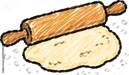 Wooden rolling pin with flat raw pastry dough isolated on white background for bakery vector illustration
