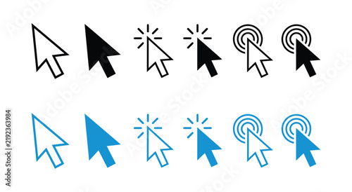 A collection of computer mouse cursor icons featuring various styles including solid and outline designs in black and blue colors for digital interface