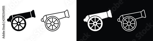 A collection of four artistic cannon icons featuring solid black and white silhouettes alongside detailed line art sketches isolated on contrasting dark and