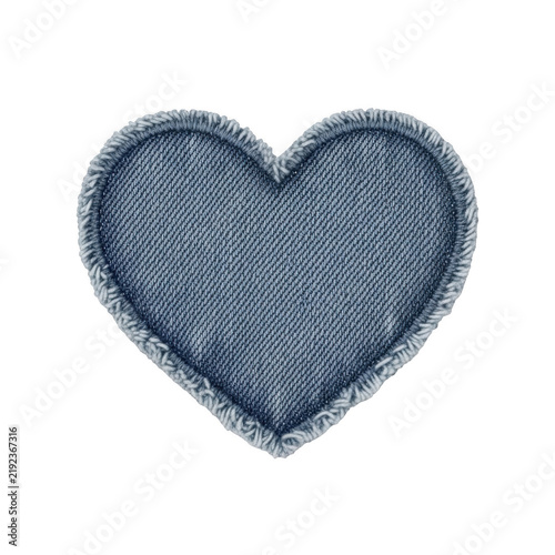Blue denim heart shape fabric patch isolated on transparent background