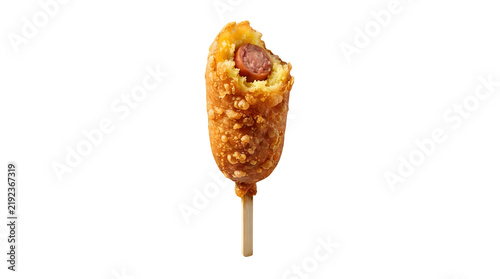 Bitten corn dog on a stick isolated with exposing sausage inside on transparent background