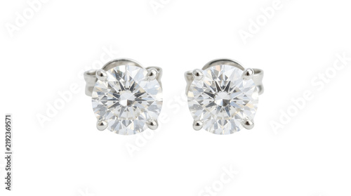 Pair of round brilliant cut diamond stud earrings with diamonds set on transparent background