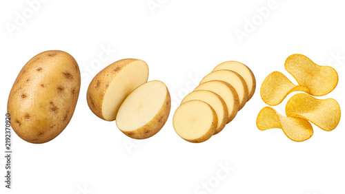 Potato Processing Stages from Whole Potato and Raw Slices to Finished Golden Potato Chips