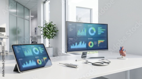 Modern Healthcare Digital Workspace with Computer and Medical Equipment