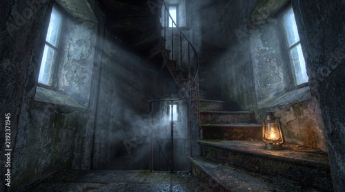 Old Spiral Staircase in Vintage Lighthouse with Lighted Lantern