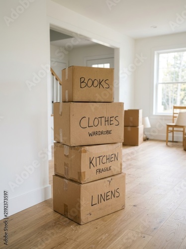 Several cardboard boxes are stacked on a wooden floor. The boxes are labeled with handwritten words indicating their contents: 