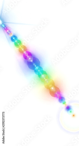 A bright, vibrant light beam streaks across a dark background, displaying a rainbow of colors. The beam appears to be composed of numerous small, circular lenses, each emitting a distinct hue.