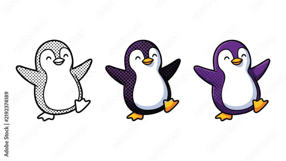 Fototapeta premium Dancing cute cartoon penguin vector icons