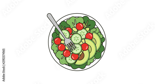 A top view illustration of a fresh vegetable salad in a white bowl