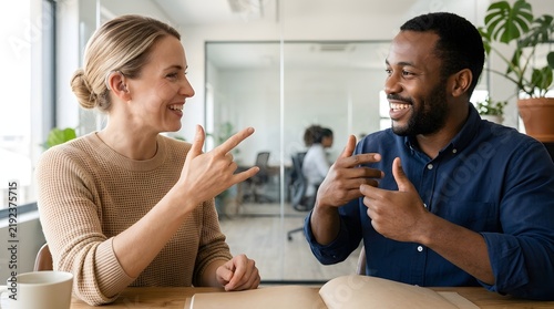 Two diverse colleagues communicating with sign language at desk in modern office
