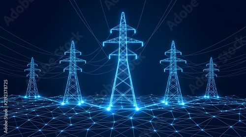 Glowing blue digital power transmission towers and power lines connected by a luminous network grid on a dark blue background