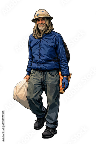 Smiling older man with a beard and hardhat walking forward while carrying a white sack bag in a clean minimal flat vector illustration.