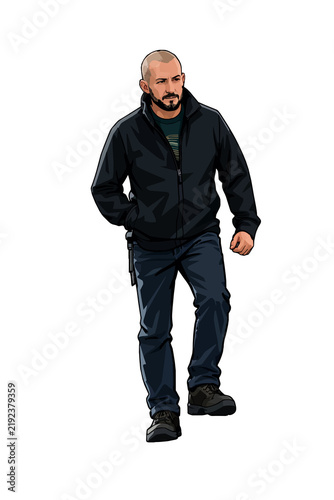 Serious bearded man walking forward wearing a dark black jacket and deep blue jeans in a clean minimal flat vector illustration on an isolated white background.