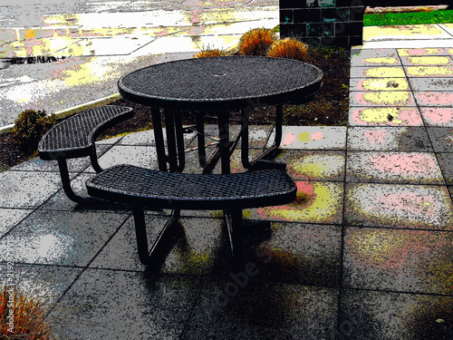 Dark metal mesh picnic table and attached curved benches resting on a wet geometric paved stone tile patio in a gritty high-contrast stylized graphic illustration.