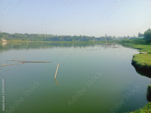 Cuadro en lienzo Scenic view of lush green paddy fields and agricultural land beside a calm water body under a blue sky