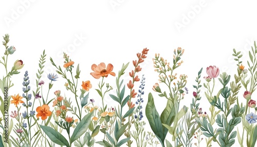 Floral watercolor seamless border with abstract delicate green plants and colorful wildflowers. Isolated floral hand drawn illustration for wallpapers or garden background with design elements.