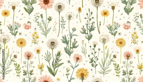 Watercolor seamless pattern with wildflowers, plants, dandelions and daisies. Delicate handmade print on paper texture for wallpapers, fabric, home textile or background, design floral pattern