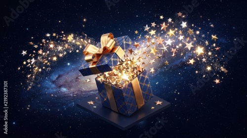 Magical Gift Box Exploding With Golden Stars in Cosmic Night Sky
