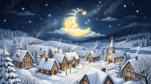 Whimsical Winter Village Scene with a Sleeping Moon Character Above