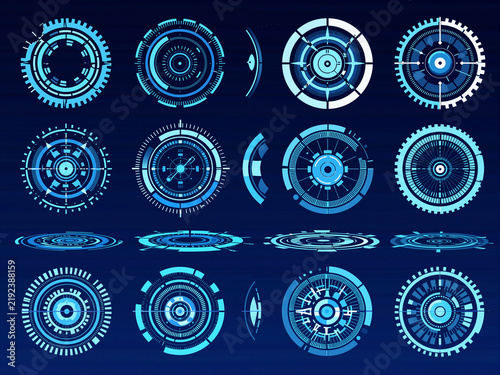 Set of blue tech-style circular dashboard UI elements