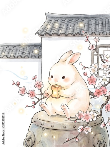Fluffy rabbit holding a mooncake beneath blossoming plum branches
