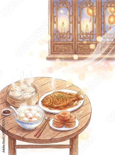Round table of festive dishes with lanterns glowing in the background