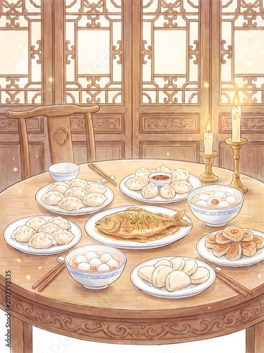 New Year family table laden with dishes under warm lantern light
