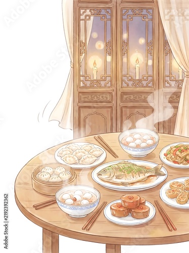 Generous New Year banquet on a round table in a lantern-lit room