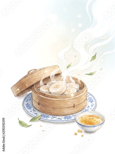 Open steamer of shumai with a bowl of sauce on a soft background