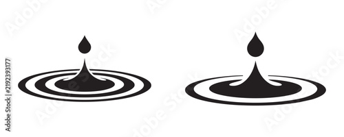 Simple black silhouettes of water drops hitting a liquid surface. Conceptual graphics for meditation skincare and environmental conservation projects.