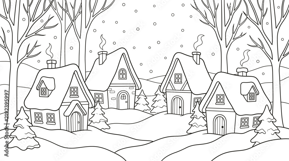 Naklejka premium Winter-Village Snowy Countryside Scene Illustration