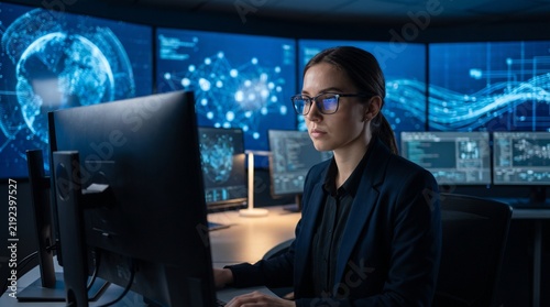 Female data analyst in suit jacket and glasses, with glowing blue network screens and monitor, working at computer station, in dark high tech security control room, corporate technology photography