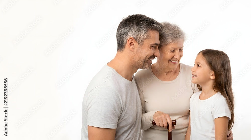 Fototapeta premium Portrait of a smiling father standing with his young daughter and elderly mother isolated on a plain white studio background