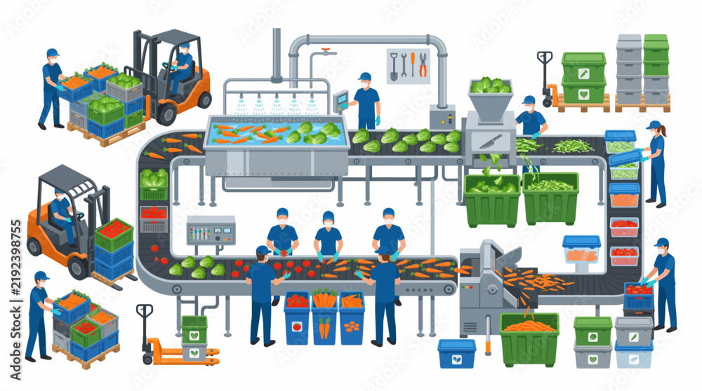 Fototapeta premium Automated Food Processing Plant for Vegetables with Workers and Forklifts