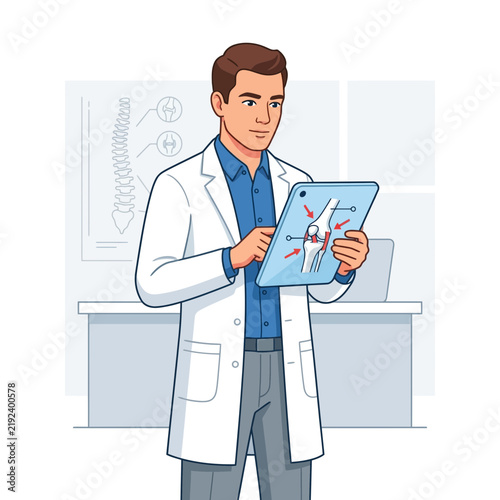 Doctor Examining Knee Anatomy on Digital Tablet in Medical Office