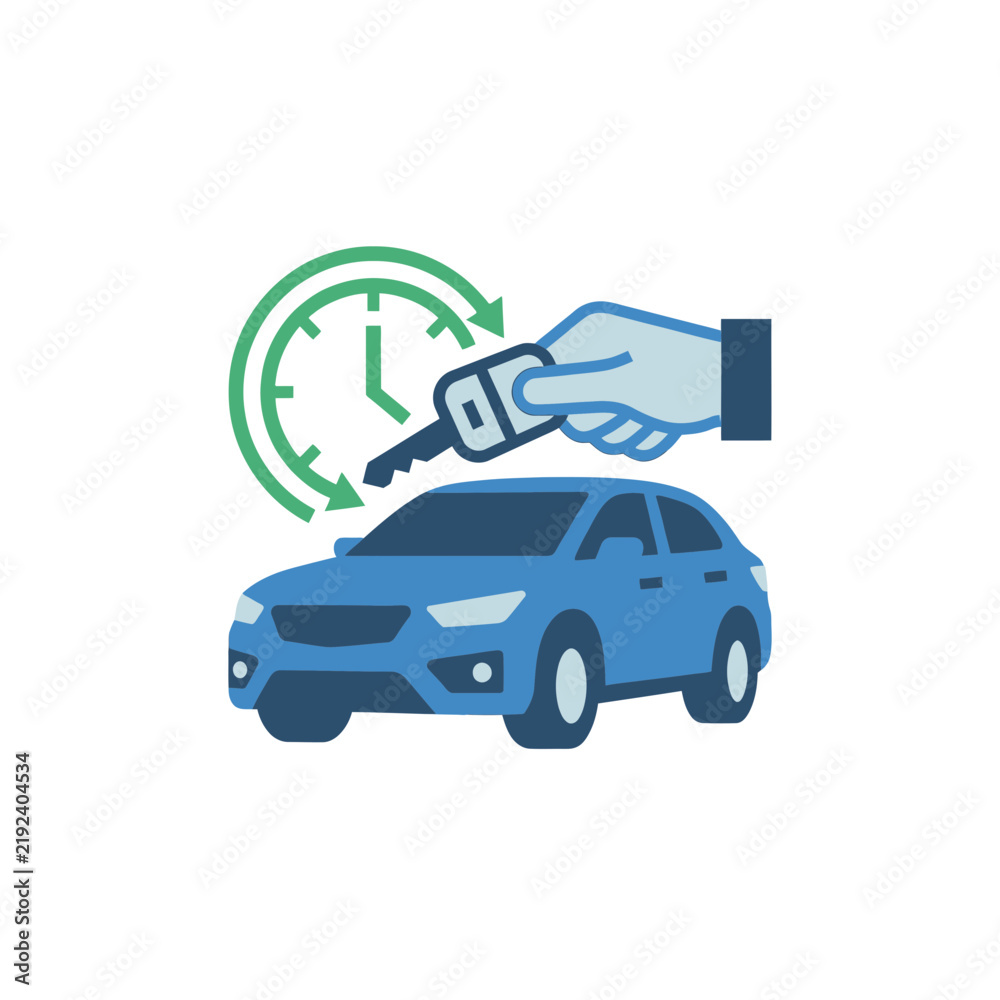 Fototapeta premium Car rental icon showing blue vehicle, keys, and clock.