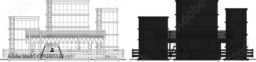 Foto Technical Railway Freight Wagon Side View Blueprint and Silhouette Illustration