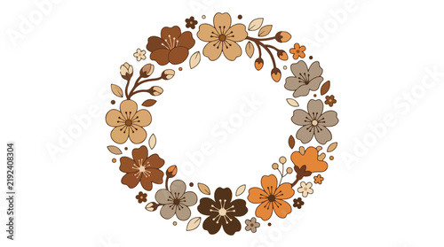фотографія A circular floral wreath featuring stylized flowers, leaves, and buds in a warm earth-tone color palette isolated on a white background