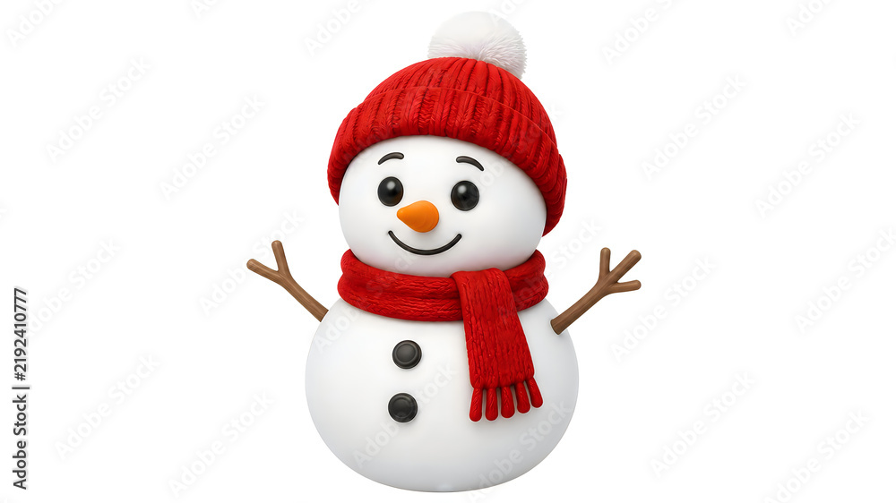 Fototapeta premium 3D digital illustration of a cute snowman wearing a red beanie and scarf isolated