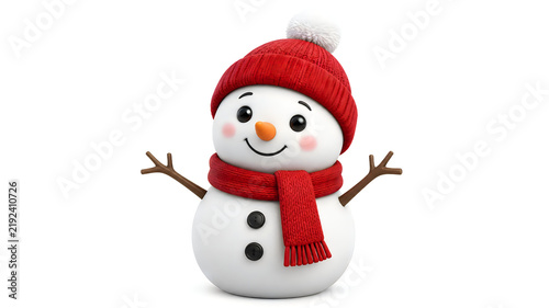 3D digital illustration of a cute snowman wearing a red beanie and scarf isolated