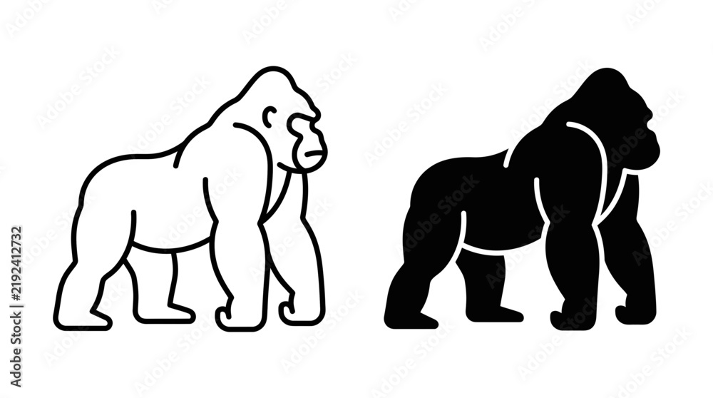 Fototapeta premium Powerful standing gorilla icons, black silhouette and outline graphic illustrations of a wild ape
