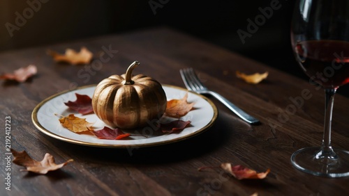 Quadro su tela Golden pumpkin on plate with autumn leaves and wine glass thanksgiving decoration